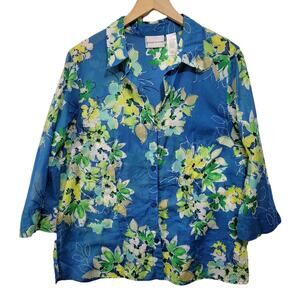 Alfred Dunner Blue Green Floral Semi Sheer Button Front Top Size 16
